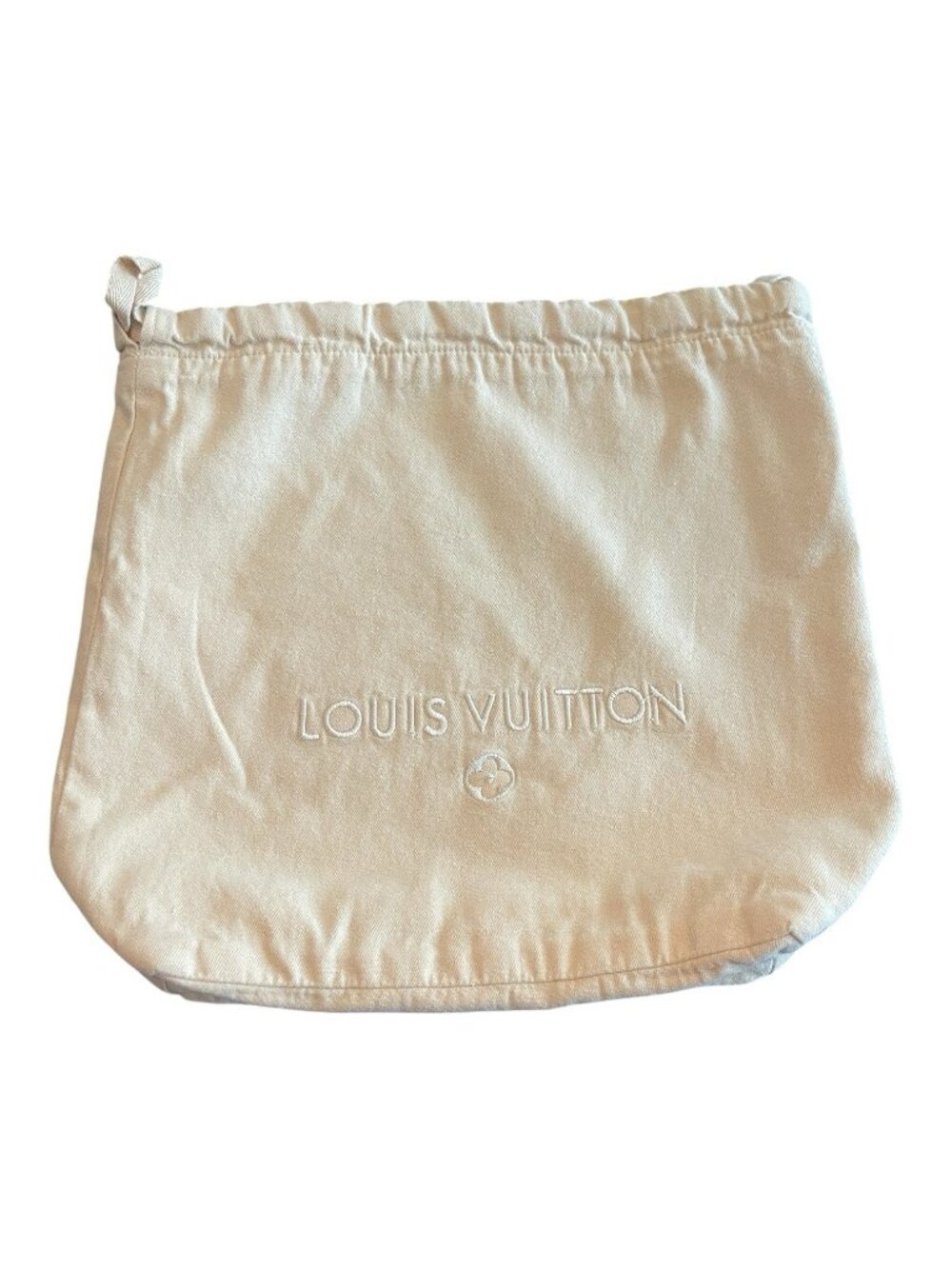 Louis Vuitton cream cotton drawstring dust bag featuring embroidered logo